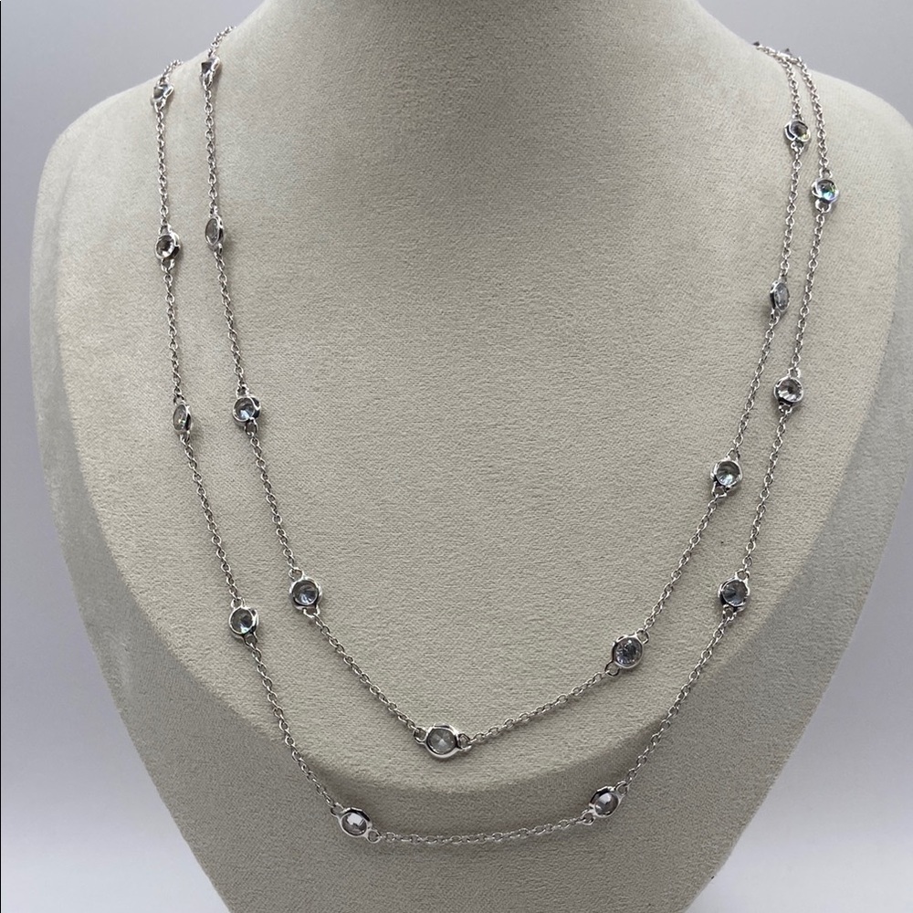 Vintage Nolan Miller Silver Tone Crystal Station Necklace 36”L